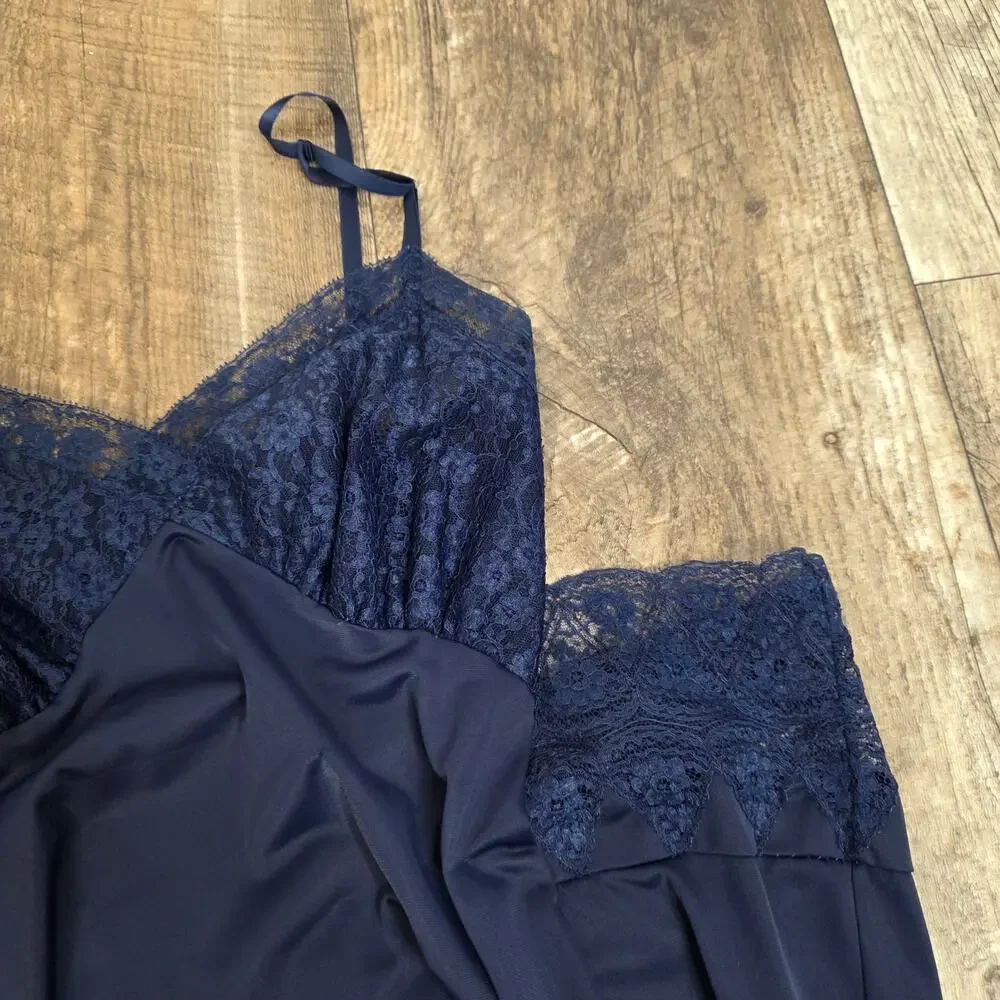 Vintage Navy Sheer Lace Slip Dress Midi Lingerie Dark Coquette Romantic - Picture 8 of 8